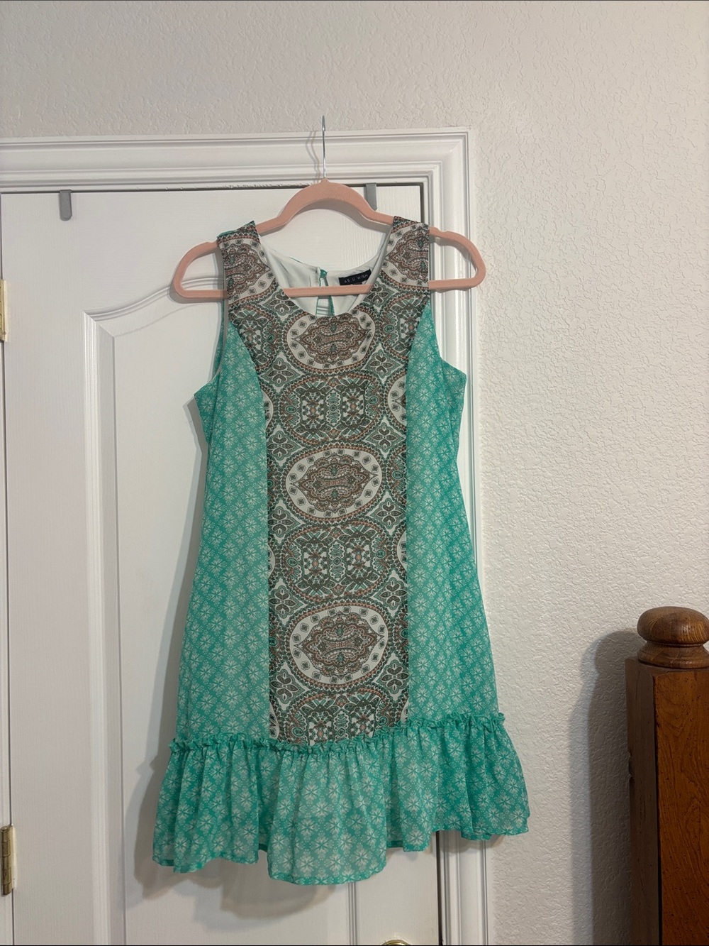 As U Wish Mint Green Printed Paneled Ruffle Mini Dress
